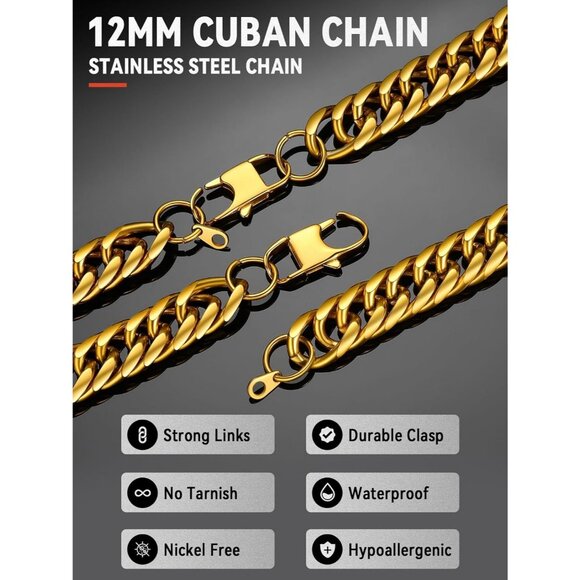 Men's 12mm Gold Stainless Steel 14K Gold Plated Cuban Miami Chain Necklaces - Picture 3 of 8